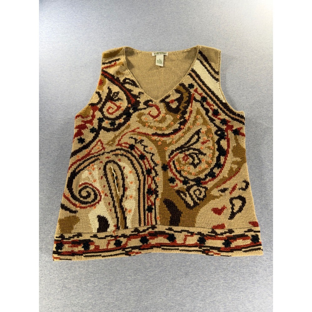Orvis Womens Paisley Wool Blend V-Neck Sweater Vest Tan Brown Size Medium